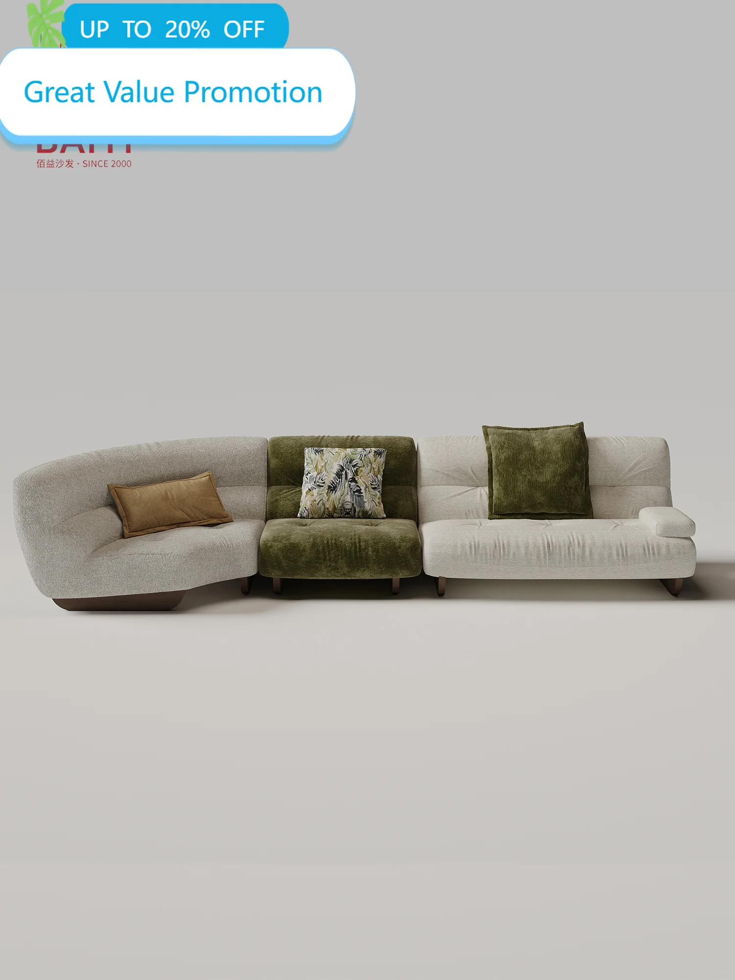 Three Tone Modular Sofa Ivory Olive And Sand Tufted Upholstery Curved End Module Bolster Pillow For Living Room Villa Bedroom