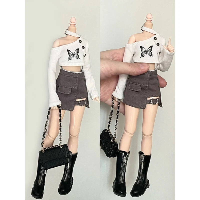 Dlbell blythe Puppe Kleidung Mode schulter frei Schmetterling Top Mini kurzen Rock hohe Stiefel für blyth ob24 Pullip Puppen Streetwear