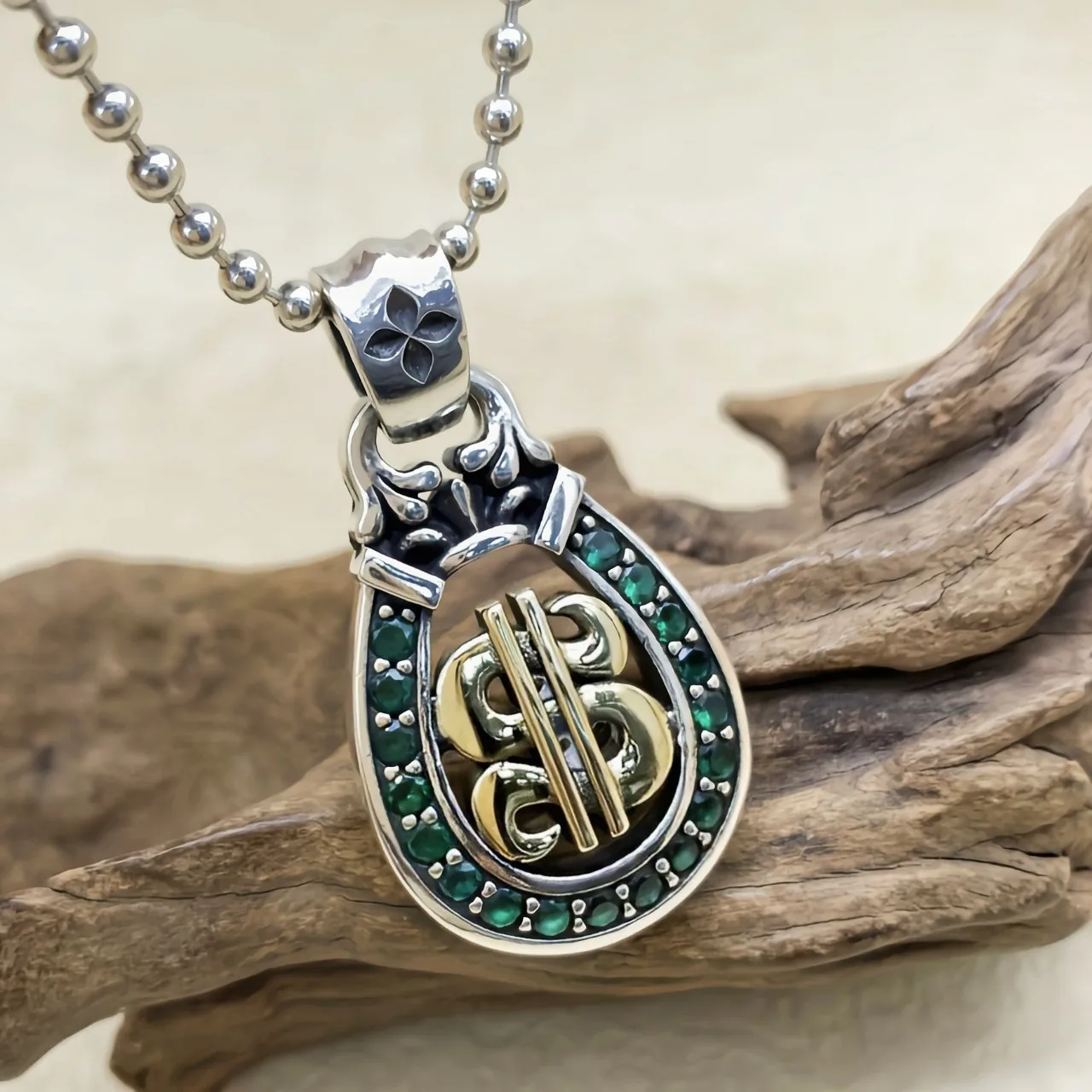 

S925 sterling silver fashion heavy industry stylishfashion pendant green full diamond dollar symbol trendy punk men and women