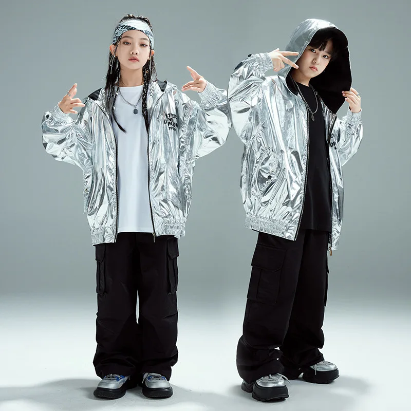 Hip-Hop Kinder Silber Kapuzenjacke Schwarze Hose Outfits Ballsaal Tanzkleidung Jungen Kpop Bühnenkleidung Mädchen Jazz Dance Kostüme