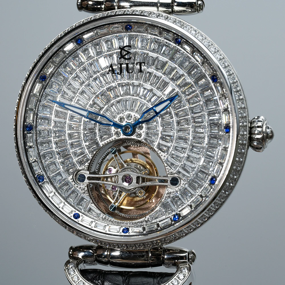 AJUT-relojes automáticos con movimiento Tourbillon para hombre, relojes mecánicos voladores de circonita completa de lujo para mujer, 0397