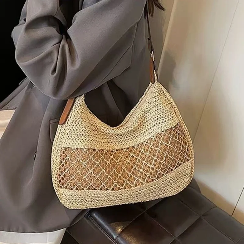 

Dropshipping Summer Straw Weaving Shoulder Bag Women's Handmade Crochet Beach Handbag Woven Hollow out Underarm Knitting Bag