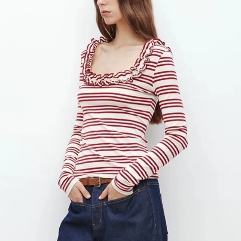 Y2k Ruffles T Shirt For Women Stripes Spring Autumn Vintage Short Tees Fashion Grunge Knitted Slim Ropa De Mujer