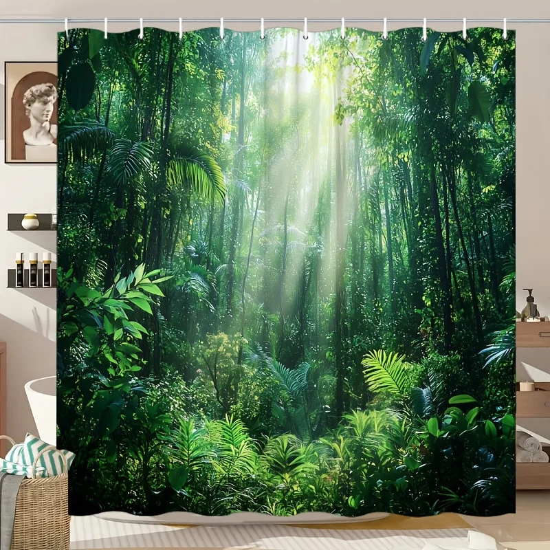Tropical Jungle Shower Curtain 72x72 Polyester Washable – Sunlight Rays Through Lush Rainforest Foliage with 12 Hooks