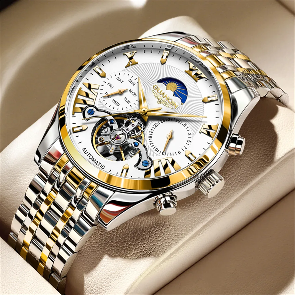 GUANQIN Tourbillon Mechanical Moon Phase Men Wrist Watch Week Calendar Luxury Man Wristwatch Stainless Steel Waterproof Clock