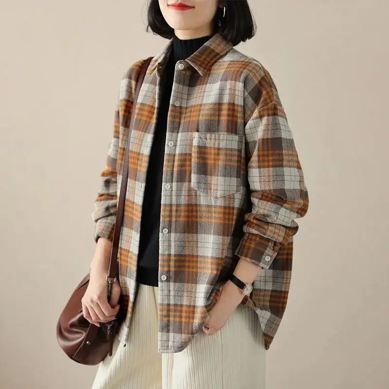 

Fashion Lapel Button Pockets Loose Plaid Shirts Women's Clothing 2023 Autumn Winter Oversized Casual Tops Asymmetrical Blouses