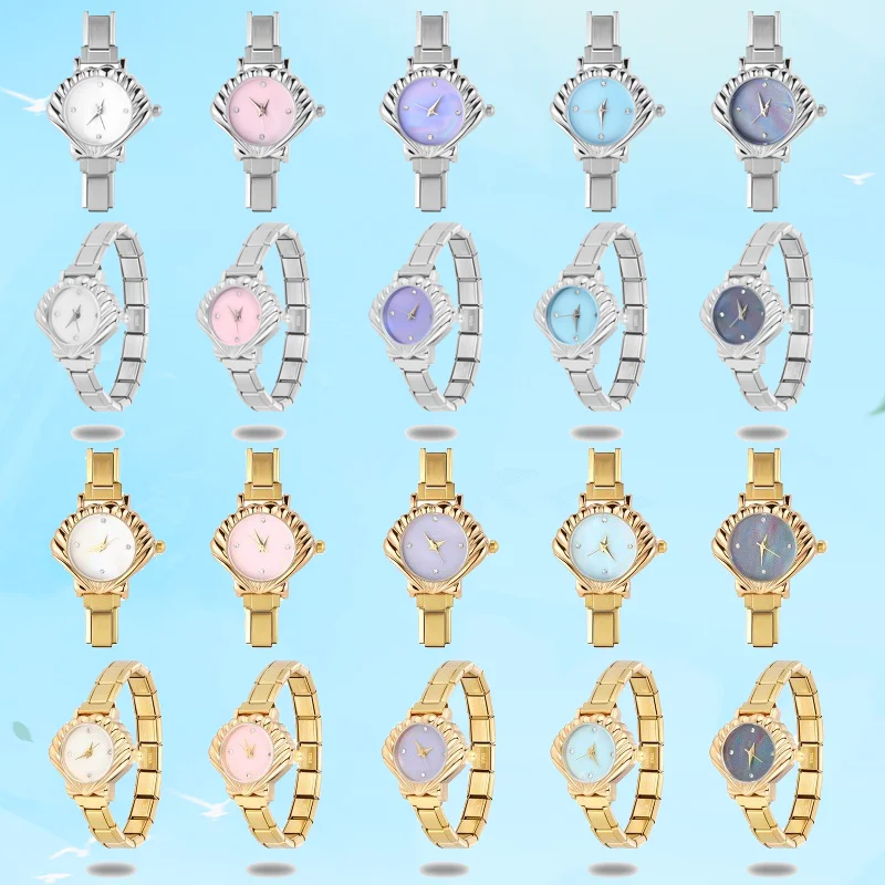 1Pc Fashion Stainless Steel Watch DIY 9mm Width Italian Elastic Charm Irregular Shell Watch Bracelet For Friend Birthday Jewelry
