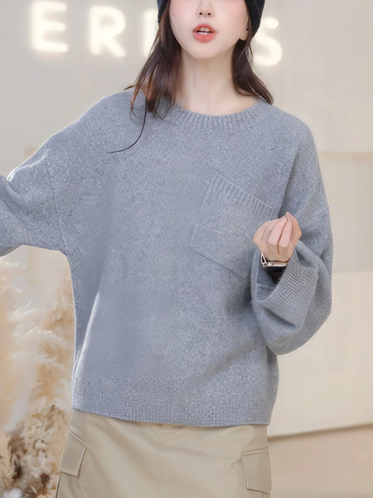 

Gtuq Faionable Light ey round Ne ket Design Loose Women's Knitwear Autumn Design Sense Long Sve Regular Length