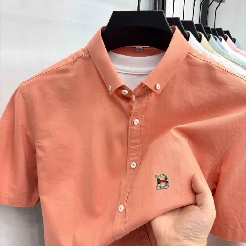 High quality 100% cotton short sleeve men's shirt luxury brand B-shape letter embroidery business casual summer new comfort top