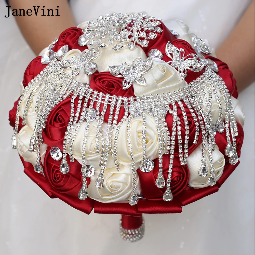 JaneVini Luxury Crystal Tassels Bridal Brooch Bouquets Burgundy Satin Roses Artificial Bridal Flower Bouquet Wedding Accessories