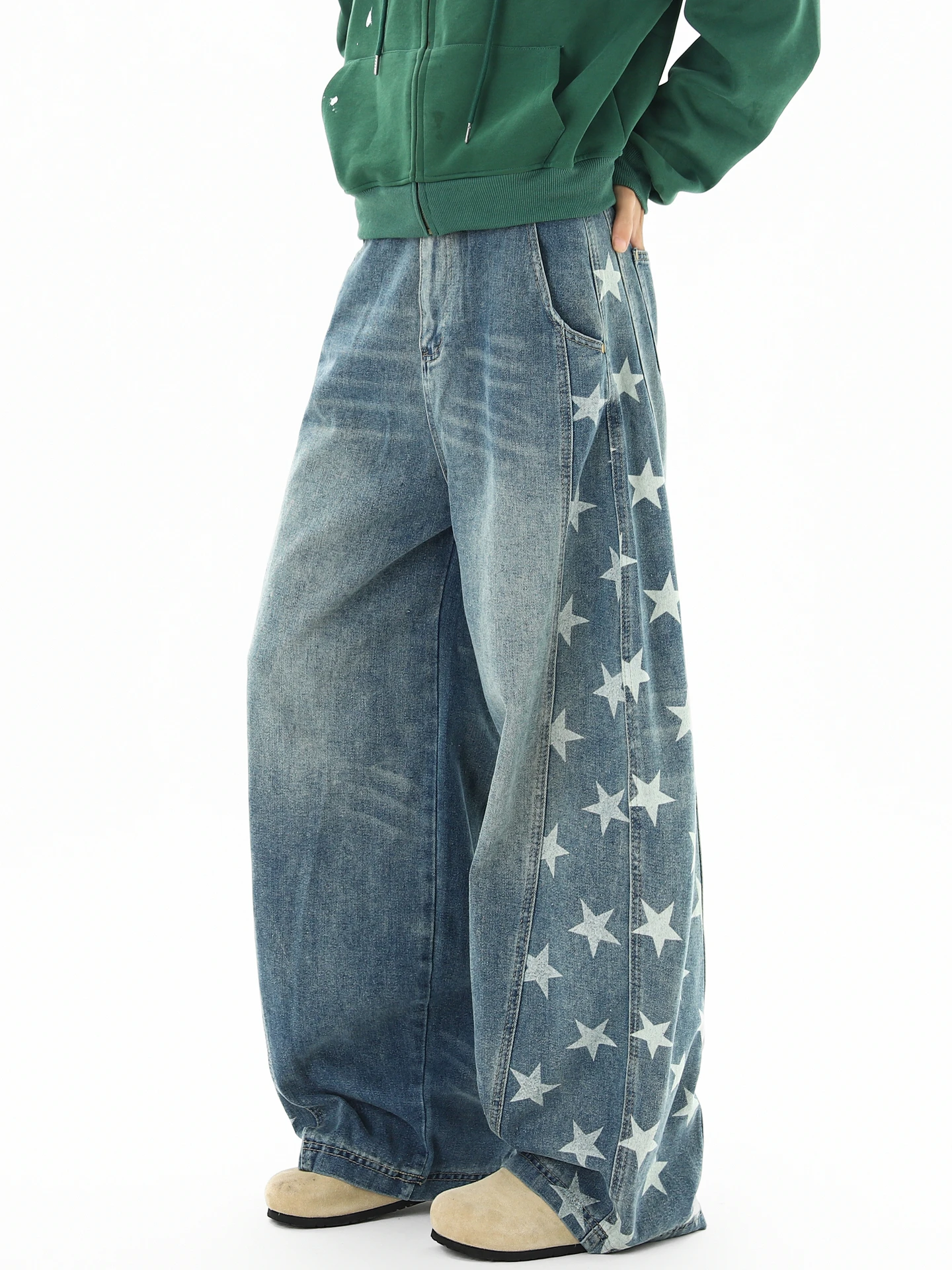 

Wukong Has Sto Trendy American Star Splicing Waed Jeans Men's Vintage Loose Cleanfit Versatile Long Pants Casual Sle