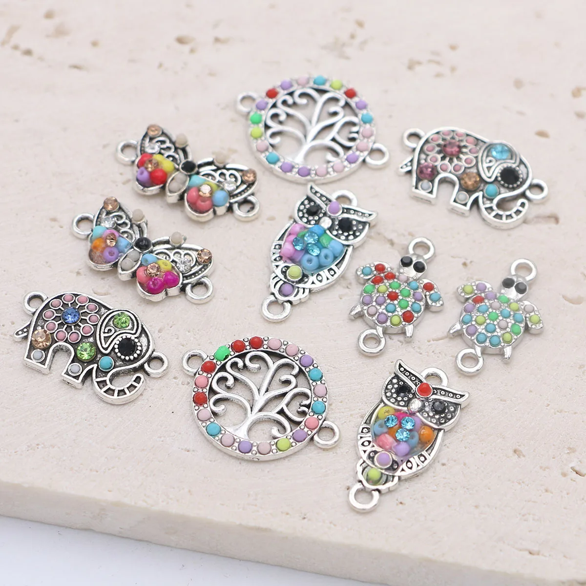 10Pcs Silver Plated Crystal Colorful Tree Butterfly Owl Charm Connectors for Making Bracelet DIY Craft Accessories - Image 3
