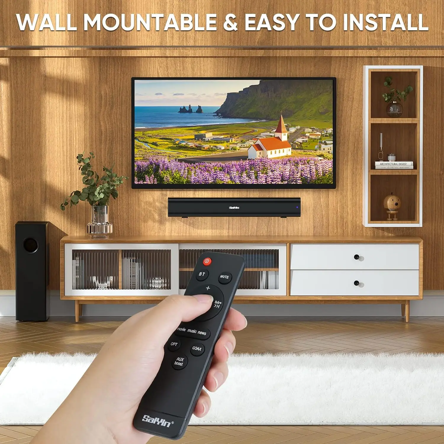 Saiyin Barras de sonido para TV (con subwoofer), barra de sonido de 2,1 canales para TV, PC, , sistema de sonido envolvente de TV (con conexión Bluetooth/fibra óptica/Aux), 17 pulgadas, instalación en la pared