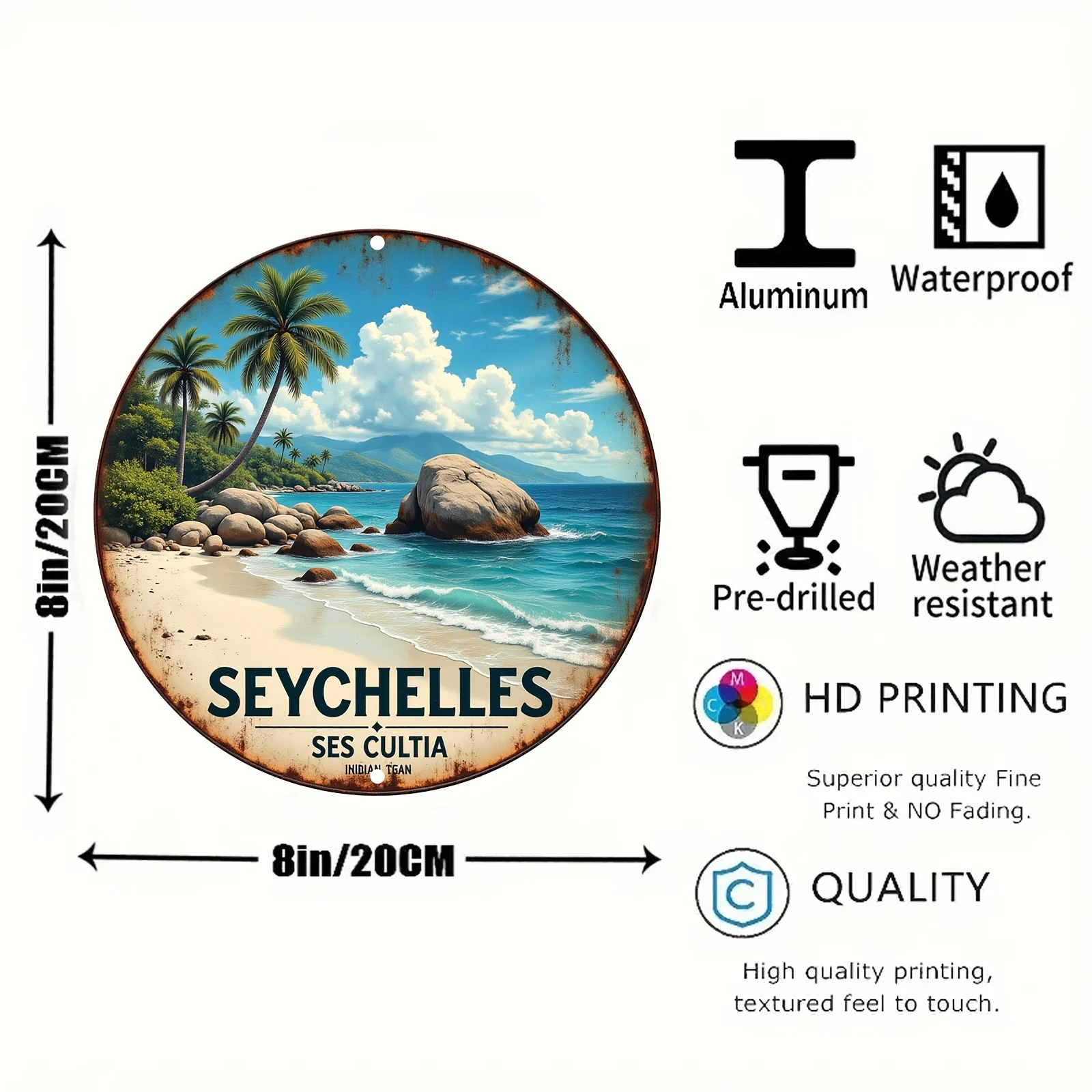 Vintage Aluminum Wall Art - Seychelles Tropical Paradise with Palm Trees & Beaches, Vibrant Circular Metal Decor for Home, Offic