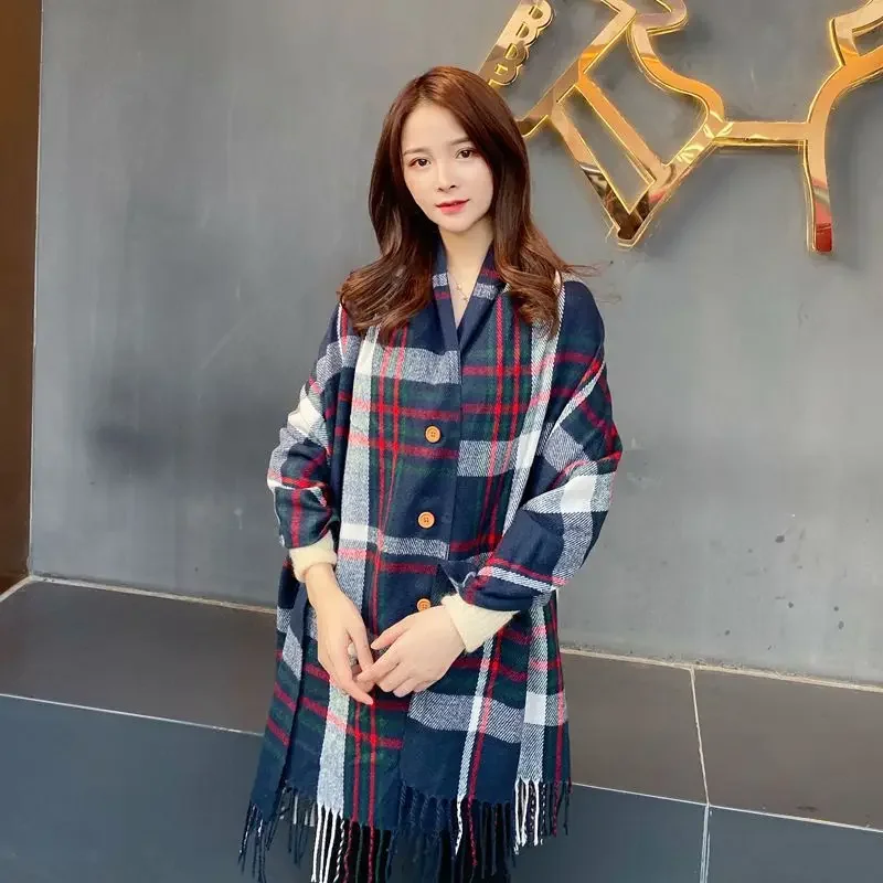 

Sleeveless Cape Shawl Imitation Cashmere Scarf Plaid Print Tassel Autumn and Winter Women's Double-Sided Coat To Keep Warm T732