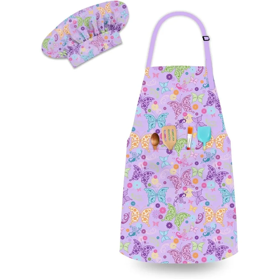 مجموعة قبعة الشيف ومريلة مع جيبين كبيرتين للفتيات والأولاد، مآزر أزياء الشيف القابلة للتعديل للخبز Cng