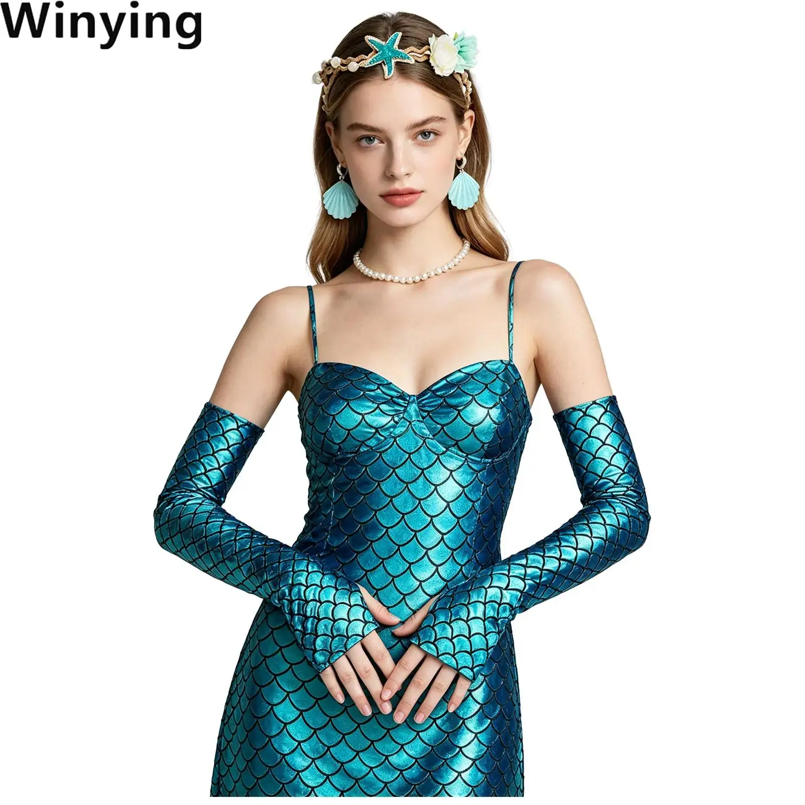 Women Mermaid Cosplay Props Applique Headband Shell-shaped Earrings Faux Pearls Necklace And Fish-scale Printed Gloves