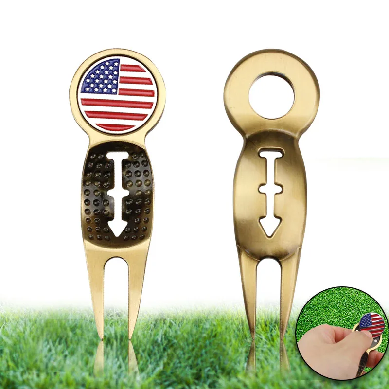 Crestgolf Practical Golf Divot Repair Tool Pitch Fork Golf Ball Liner USA Flag Ball Marker Golf Gift