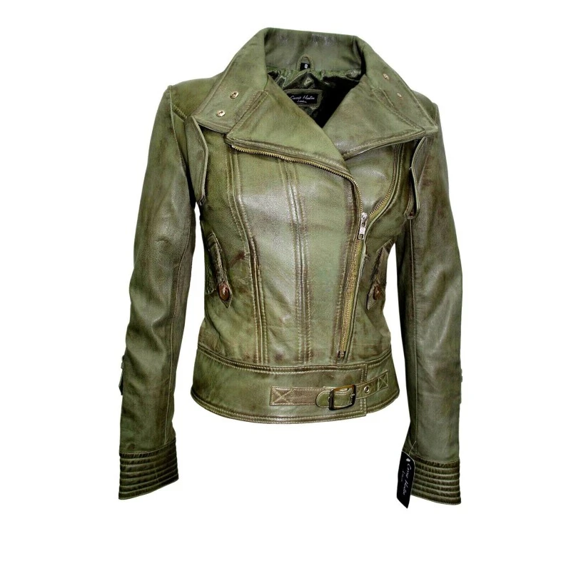 

Classy Women Distress Genuine Lambskin Soft Real Leather Jacket Green Biker Coat