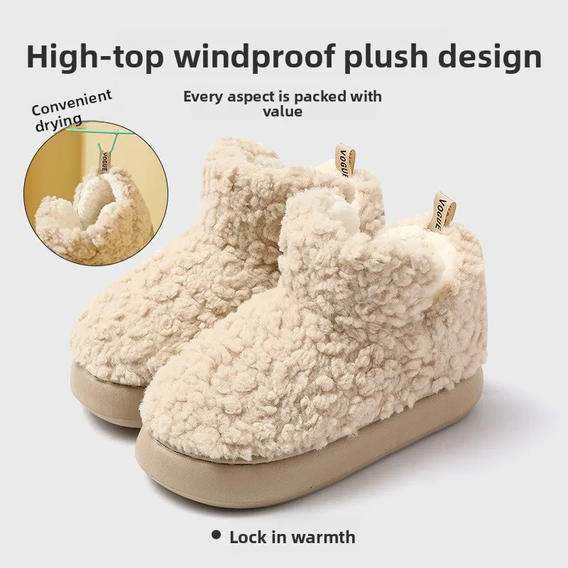 Plush High Top Cotton Slippers Women Men Winter Warm Thick Sole Non Slip Couple Indoor Home Slippers Cozy Autumn Footwear