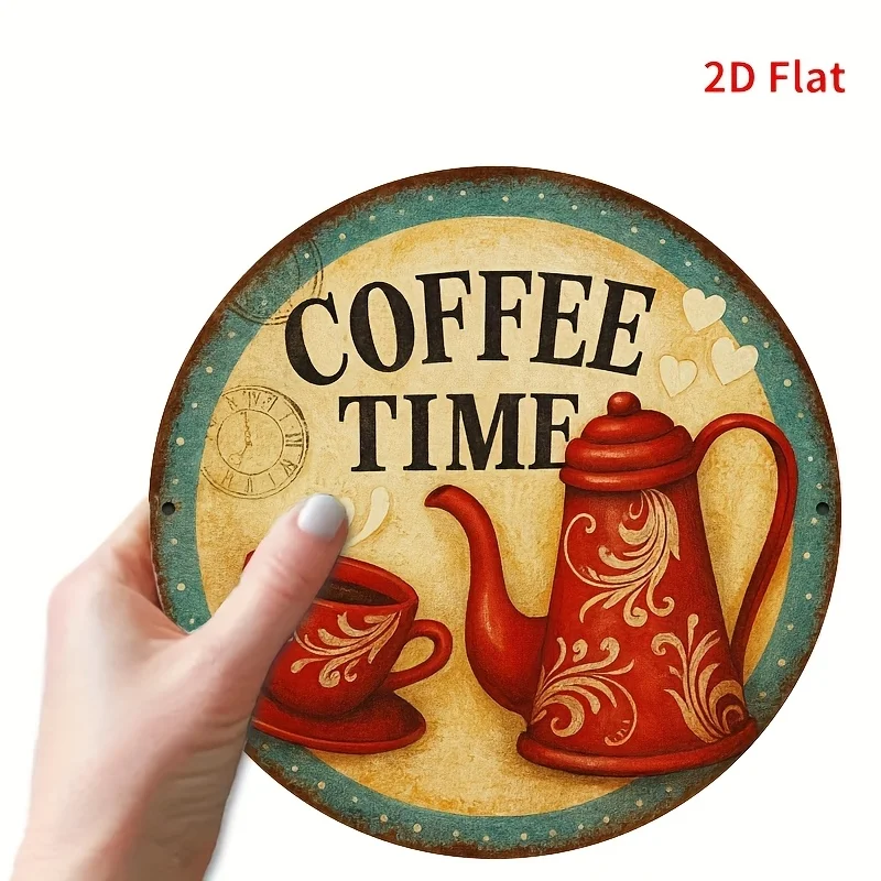 [2D Flat] 1 Stück Vintage Coffee Time Metallschild – 20,32 x 20,32 cm, runde Aluminium-Wanddekoration mit Kaffeekanne und Tassendesign, rustikales Kit