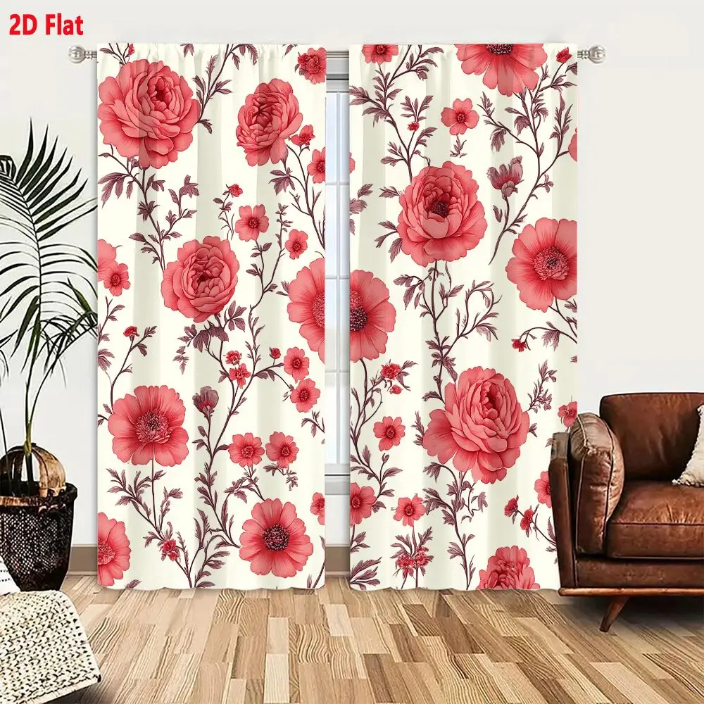 2Pcs Curtains 2D Flat Seamless Floral Pattern With Pink And Red Roses On Light Cream Background Window Drapes for Bedroom Room D