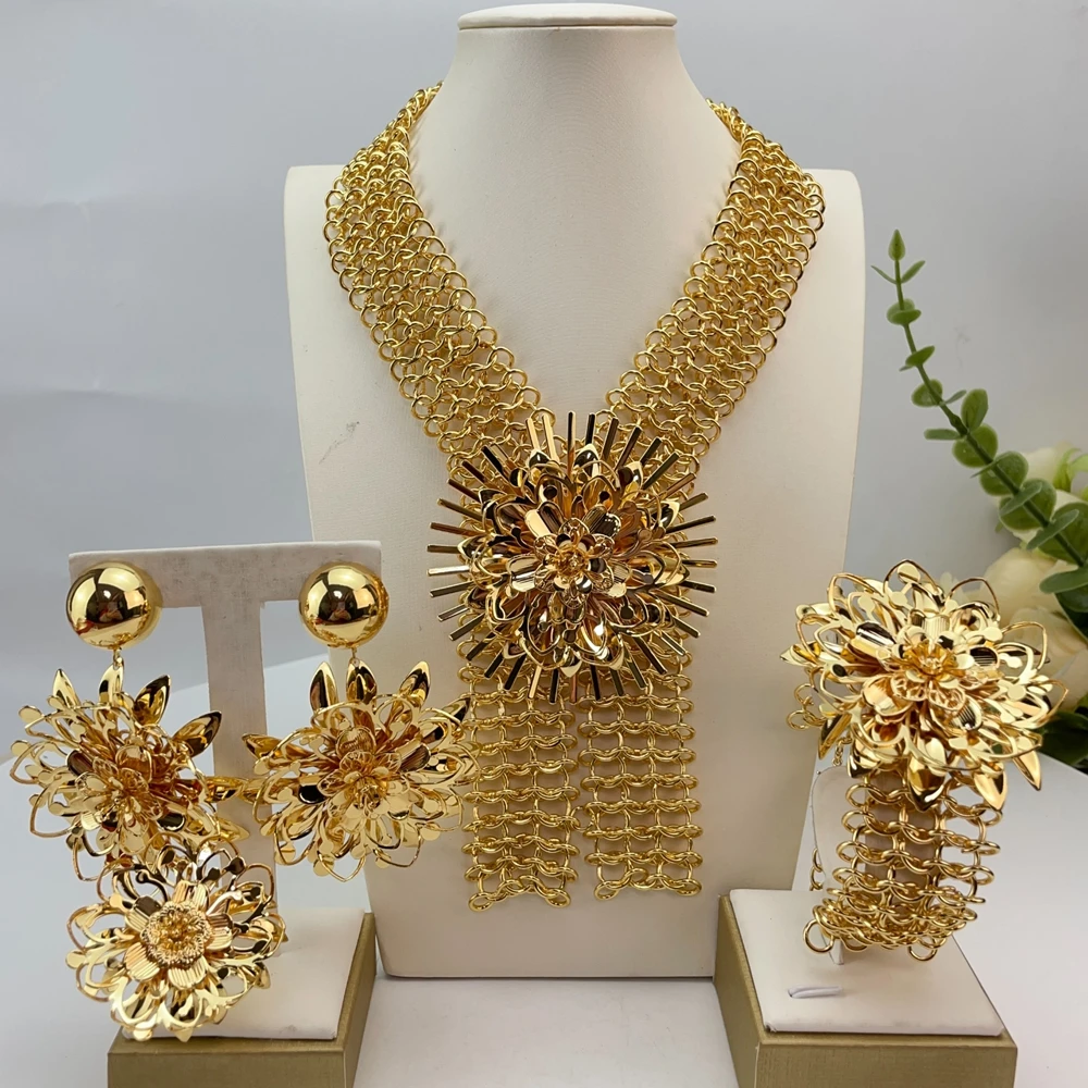 New Fashion Trendy Women Jewelry Set Brazilian Gold-Plated African Wedding Bridal Big Flower Pendant Necklace Gifts FHK28402