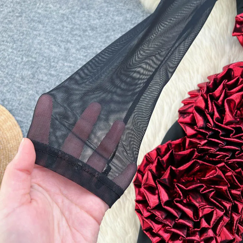 Women 3D Floral Dress Luxury Long Sleeve Zipper Design Splice Slim American Fashion Split Mesh Sheer Sexy Party Dress