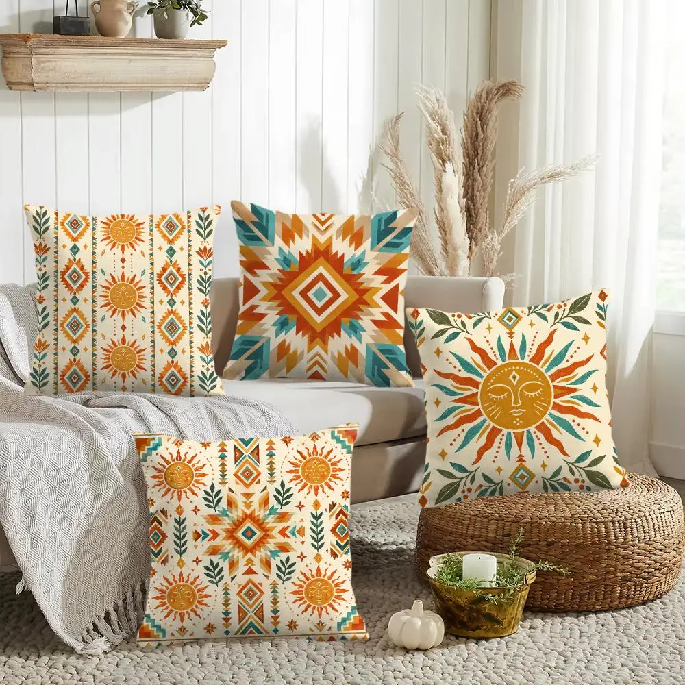 Southwestern Sun Cushion Cover Silky Short Plush Invisible Zipper Dustproof Sofa Pillow Case for Home Decor