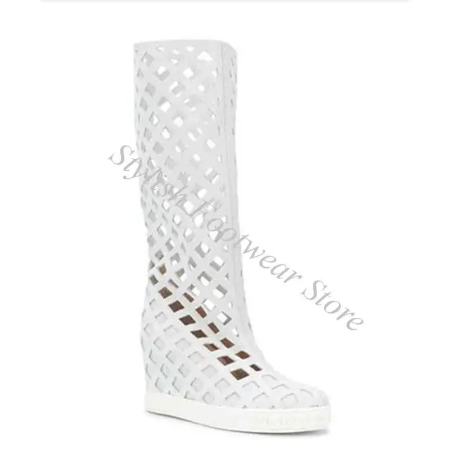 Botas altas de verano para mujer, de ante vacuno marrón naranja, con perforaciones cuadradas, con cuña interior oculta para aumento de altura, sin cordones