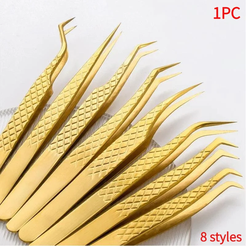 1Pc Fiber Tip Gold Stainless Steel Lash Pickup Tool Eyelash Extension Tweezers For Volume Fans Classic Lash Isolation.