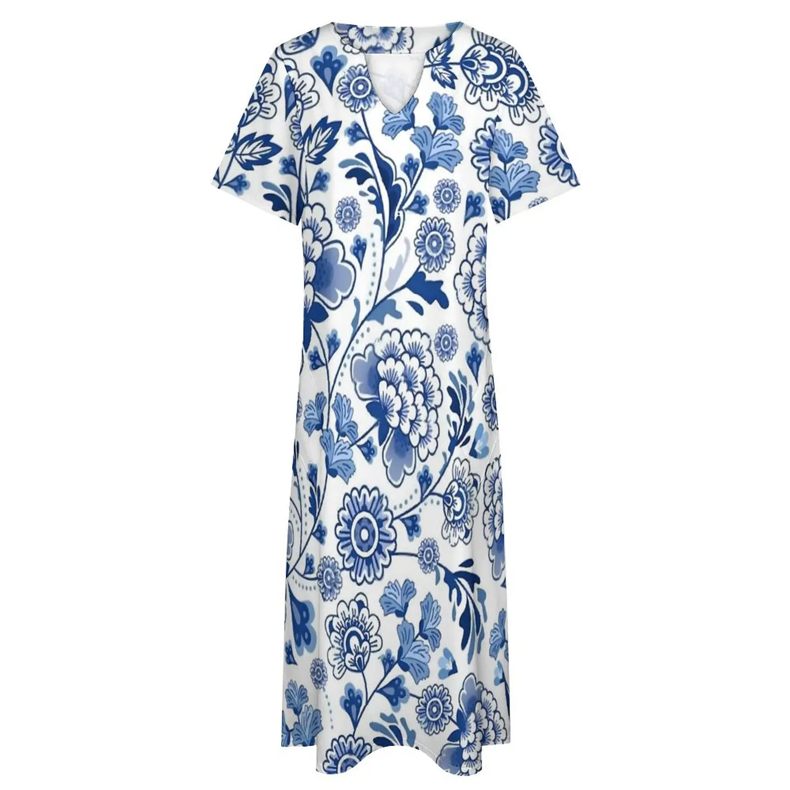 Blauwe Bloemenjurk Zomer Chinese Porselein Design Street Fashion Casual Lange Jurken Dames Print Schattige Maxi Jurk Big Size 5xl