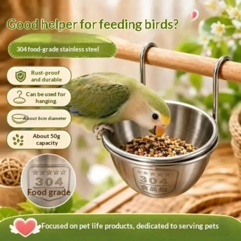 1/2PCS Stainless Steel Bird Feeder Bowl Hanging Parrot Bath Cups Stable Locking Food Water Dish For Budgie Cockatiel Cage