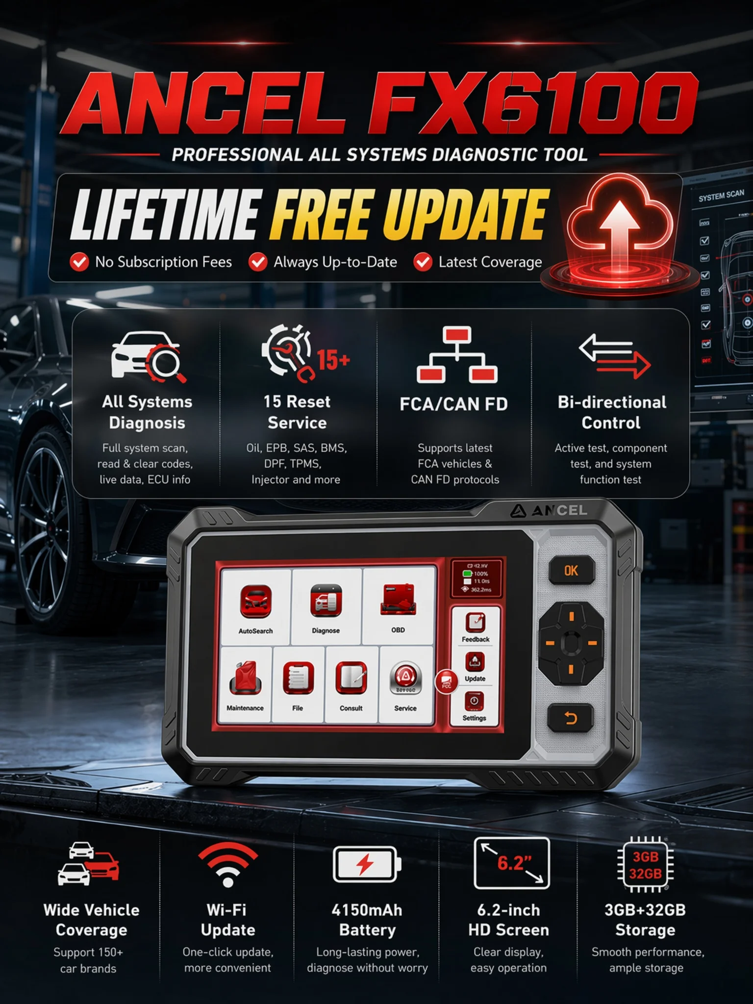 ANCEL FX6100 OBD2 Auto-Diagnosegerät, alle Systeme, CAN-FD-Scanner, bidirektionaler Airbag-Immobilizer-Reset, 20+ Reset-Dienste, lebenslanges kostenloses Update