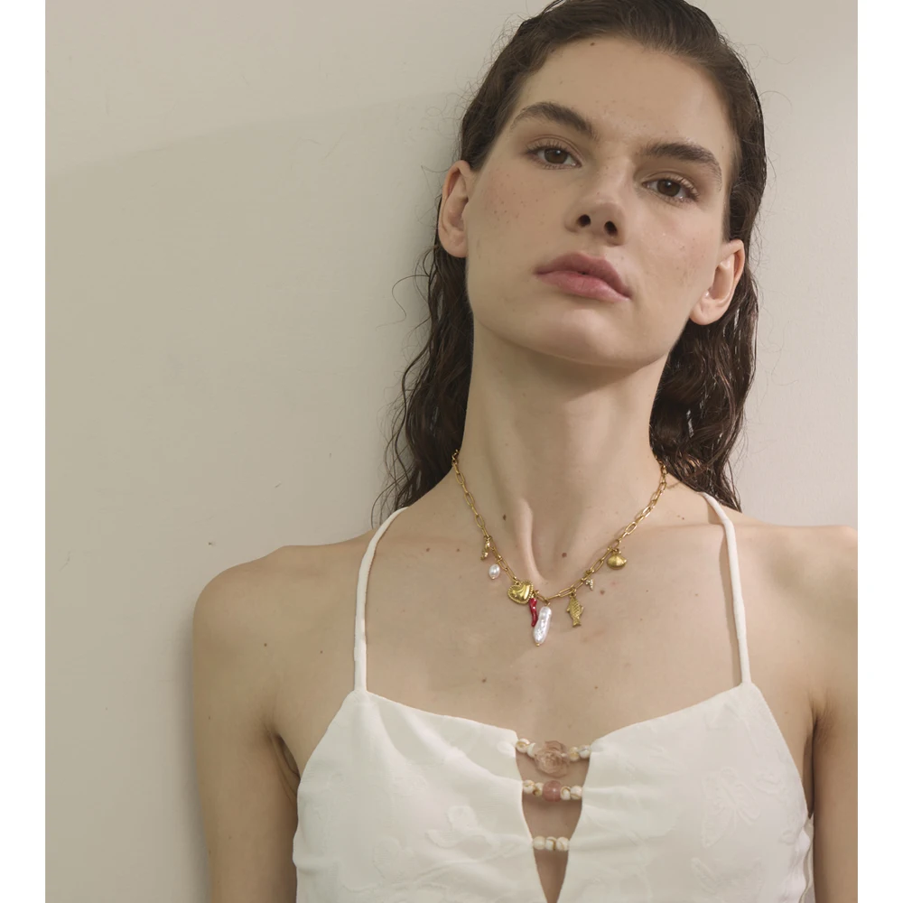 Gold-Plated Ocean Charm Necklace with Pearl Shell and Starfish