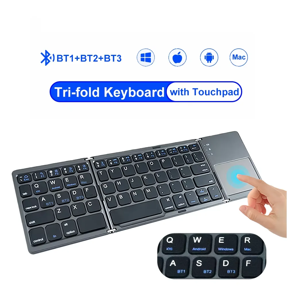 KEBIDUMEI Three Bluetooth Keyboard with Touchpad Tri-fold Keyboard Mini Keyboard Rechargeable Keyboard for PC Windows Android