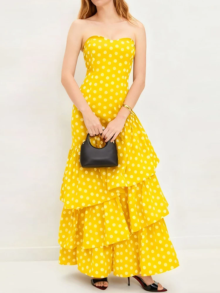 Vestido Longo Estampado com Poás para Mulheres, Sexy, Sem Mangas, Vestido de Festa em Camadas, Elegante, Sem Alças, Vestido de Bolo 2026