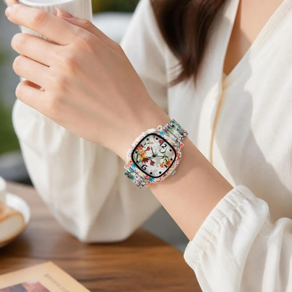 Stainless Steel Quartz Bracelet Watch Elastic Rainbow Gradient Square Wristwatch Floral Printed Colorful Stretch Strap Watch
