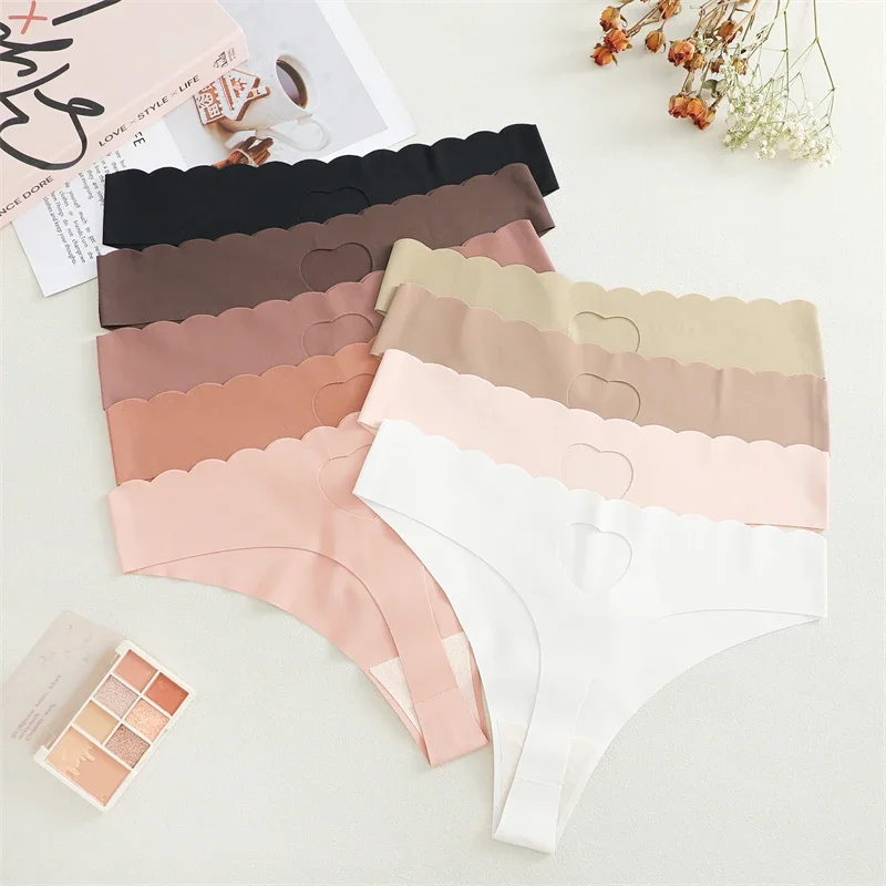 6 peças de calcinha feminina sem costura de seda gelada, cintura com babados, tangas vazadas, lingerie macia respirável