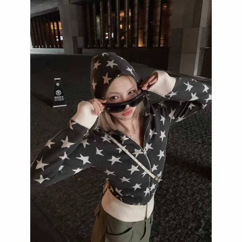 

American Star Jacquard Hooded Knitted Cardigan for Women Autumn Niche Design Slim Zipper Jacket