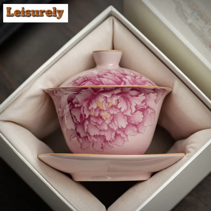 

130 мл розовый Ru Kiln Gaiwan японский пион Sancai против ожогов чайная вареньон чайная крышка для заваривания чая миска посуда украшения коллекция