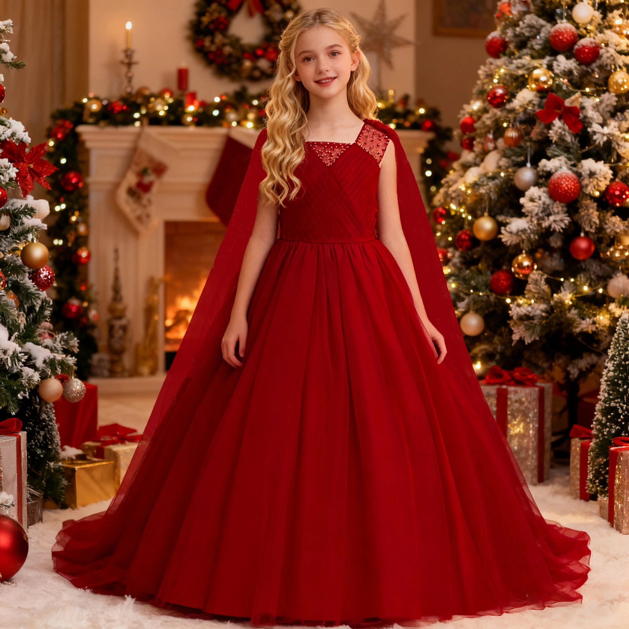 Elegant Beading Girl Dress Christmas Costumes Wedding Bridesmaids Party Princess Prom Dresses Girls Birthday New Years Ball Gown
