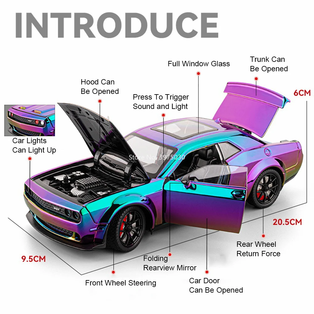 1:24 Dodge Challenger SRT Hellcat Toys Models Cars Wheel Steering Miniature Supercars 4 Doors Opened Vehicles House Decorations