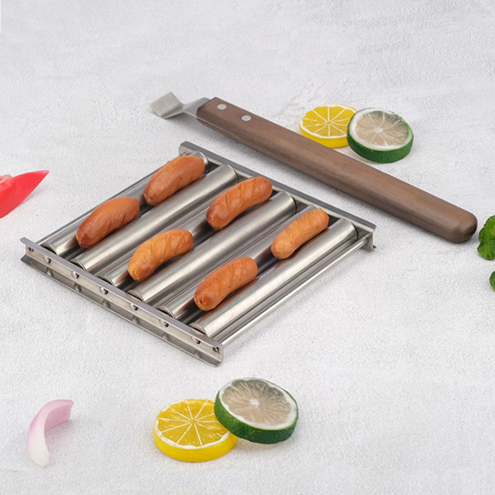 

BBQ Grill Tray Hot Dog Roller Shelf Stainless Steel Sausage Roller Rack with Handle Barbecues Tools Picnic Hot Dog Roll Griller