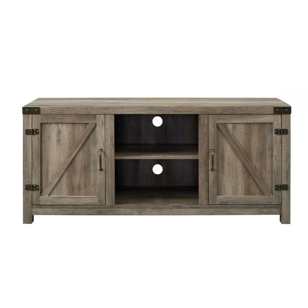 Suporte de TV moderno com porta dupla de celeiro para TVs de até 65 polegadas, 58 polegadas, cubículo de armazenamento aberto e 3 prateleiras ajustáveis, cinza