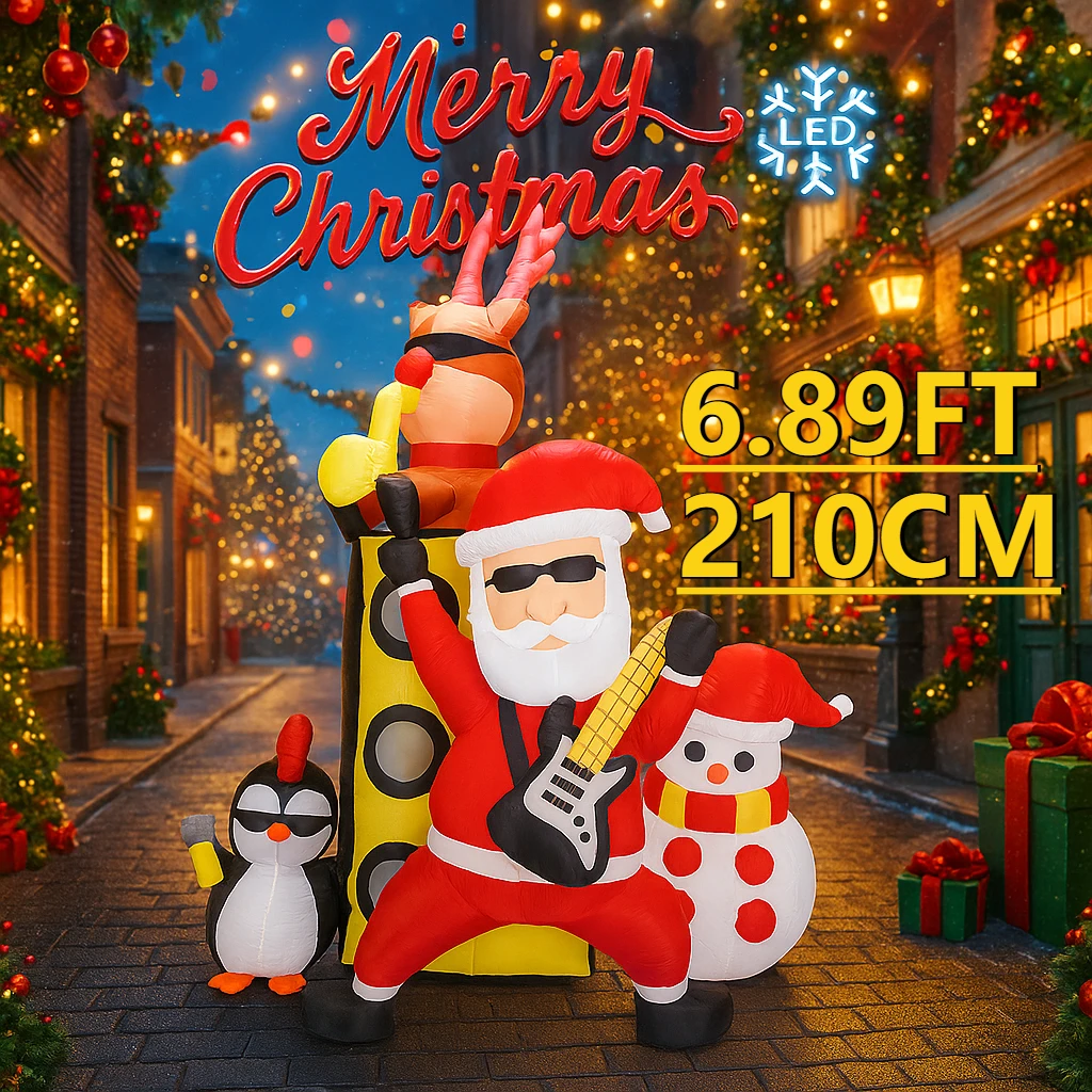 6.8FT Outdoor Holiday Decorations Christmas Inflatable Toys Festive Gift Santa Band Reindeer Snowman Penguin LED Xmas Yard Decor