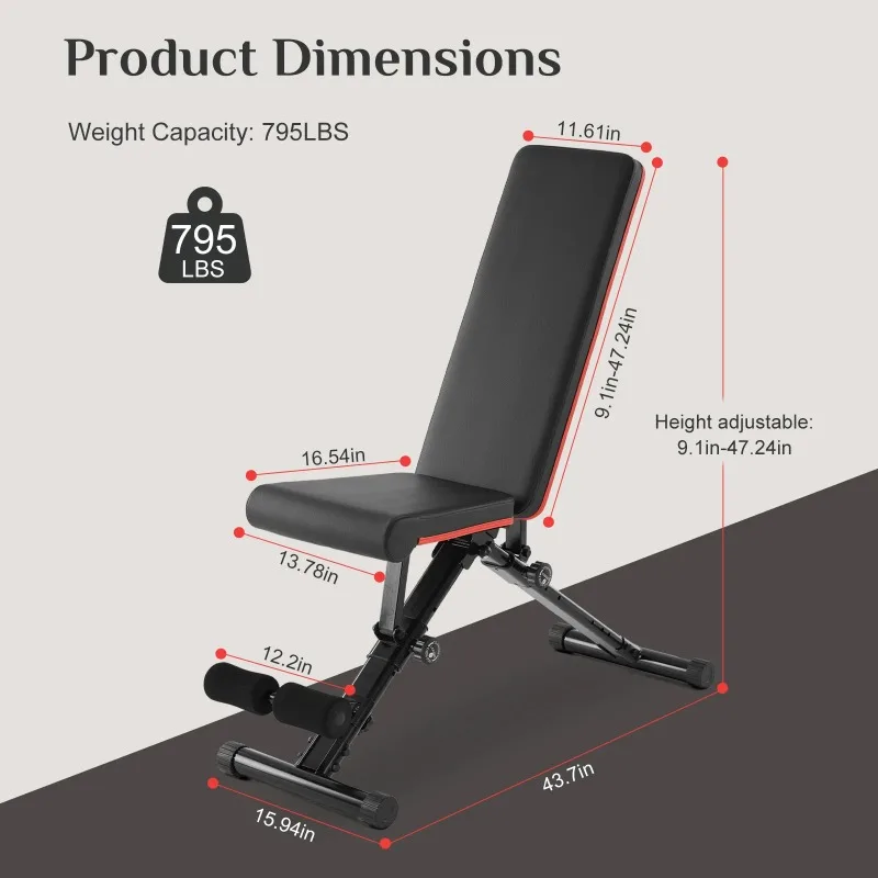 

Gianna Foldable Weight Bench with 9 Adjustable Positions: Ideal for Home Gym Strength Training, Holds 795lbs! (Black)