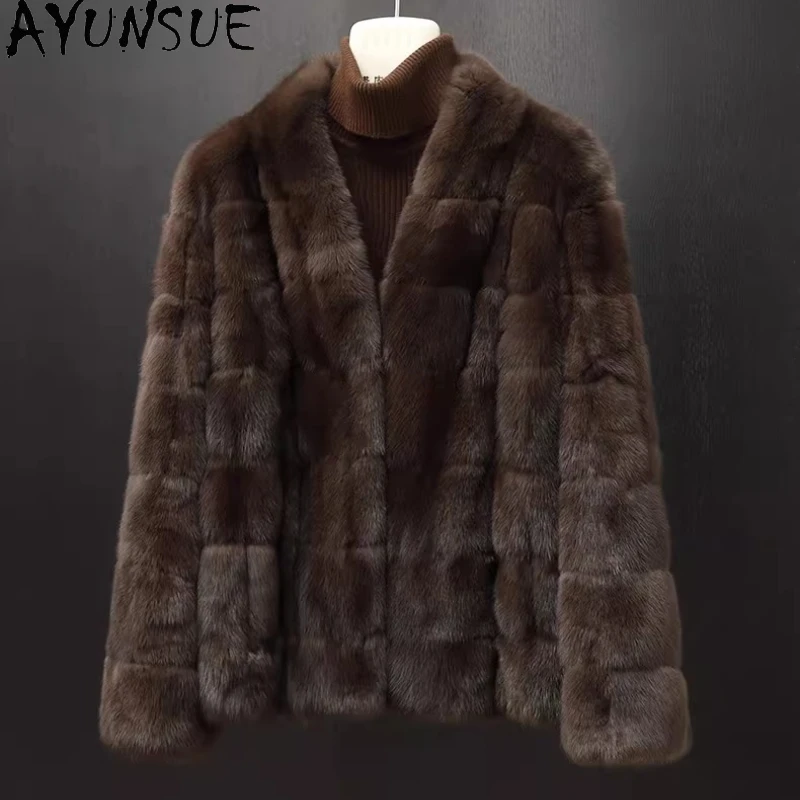 معطف فرو المنك الحقيقي الكامل من AYUNSUE للنساء، معاطف فرو شتوية للنساء، سترة قصيرة أنيقة، ملابس خارجية نسائية، ملابس نسائية