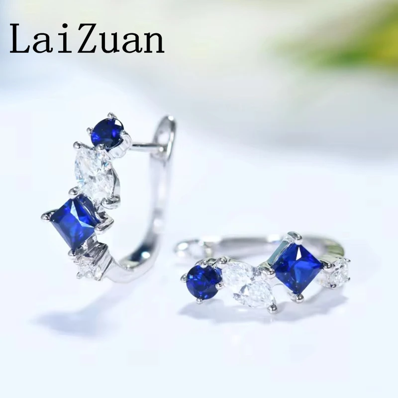 LaiZuan Solid 18k White Gold Marquise Natural Diamond Stud Earrings Women Jewelry Classical Princess Sapphire Gemstone Earrings