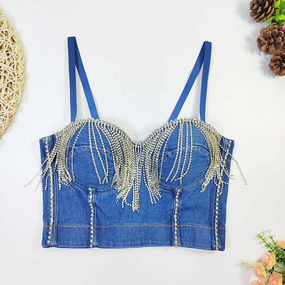 IRENE TINNIE Girls Bustier Bling Denim Rhinestone Tassel Diamond Sequins Women Sexy Corset Night Club Party Cropped Top Camisole